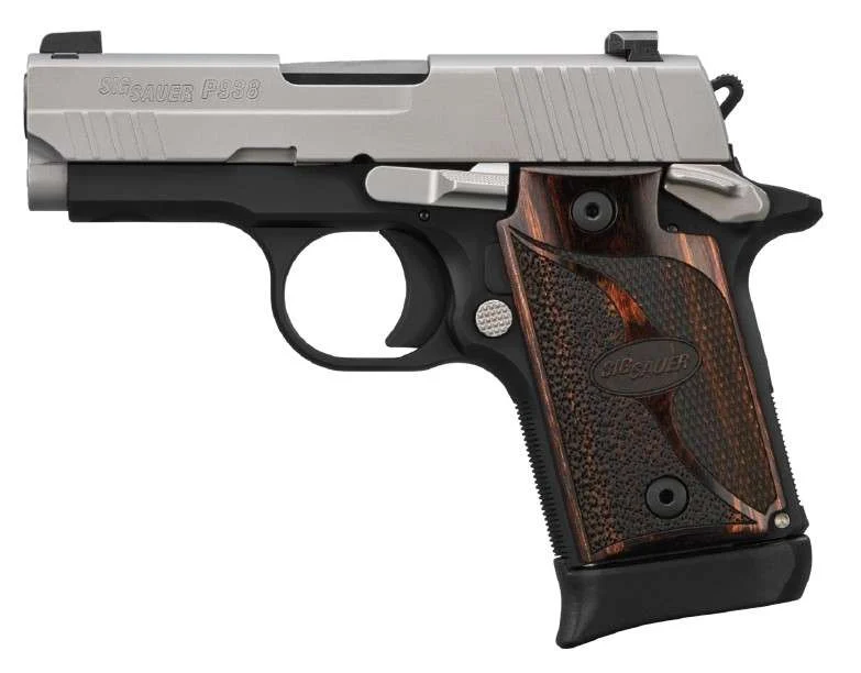 SIG SAUER P938 TWO TONE 9MM STS/BLK WALNUT GRIP 3" N.S. 1-6RD 1-7RD MAG