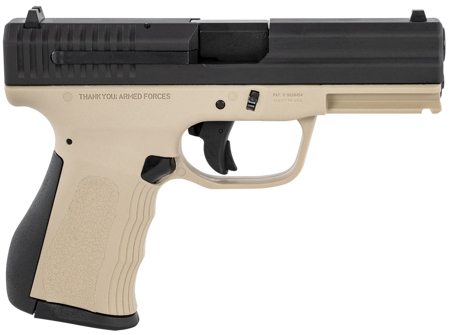 FMK G9C1G2RSS 9C1 G2 9mm Luger 14+1 4" Black Stainless Steel Barrel, Black Serrated Carbon Steel Slide, Desert Sand Polymer Frame w/Picatinny Rail, Black Backstrap Grip