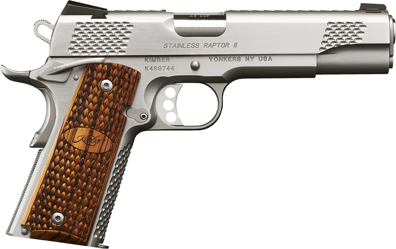 Kimber Mfg, Inc 3200181 Raptor II Ultra 45 ACP 8+1 5" Stainless Match Grade Barrel, Matte Black Serrated Steel Slide, Matte Black Aluminum Frame w/Beavertail, Zebrawood Grip